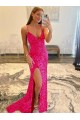 Cheap Velvet Sequin Long V-Neck Sleeveless Sweep Train Prom Dress with Slit