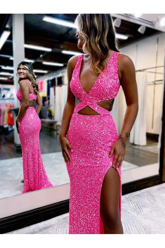 Cheap Long V-Neck Sleeveless Sweep Train Velvet Sequin Prom Dress with High Slit