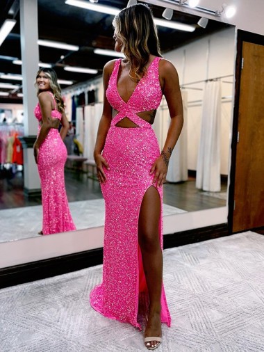 Cheap Long V-Neck Sleeveless Sweep Train Velvet Sequin Prom Dress with High Slit