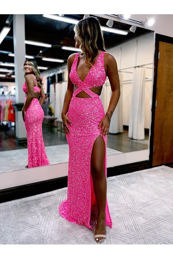 Cheap Long V-Neck Sleeveless Sweep Train Velvet Sequin Prom Dress with High Slit