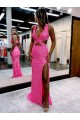 Cheap Long V-Neck Sleeveless Sweep Train Velvet Sequin Prom Dress with High Slit