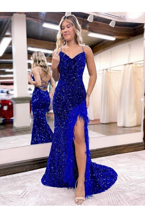 Cheap V-Neck Sleeveless Long Velvet Sequin Royal Blue Prom Dress with Side Slit