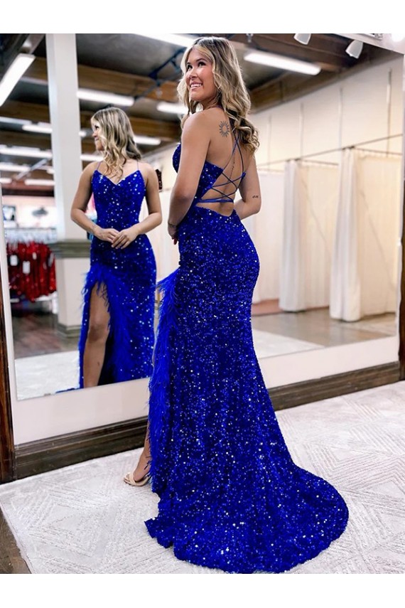 Cheap V-Neck Sleeveless Long Velvet Sequin Royal Blue Prom Dress with Side Slit