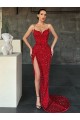 Cheap V-Neck Sleeveless Long Sweep Train Velvet Sequin Prom Dress with High Side Slit