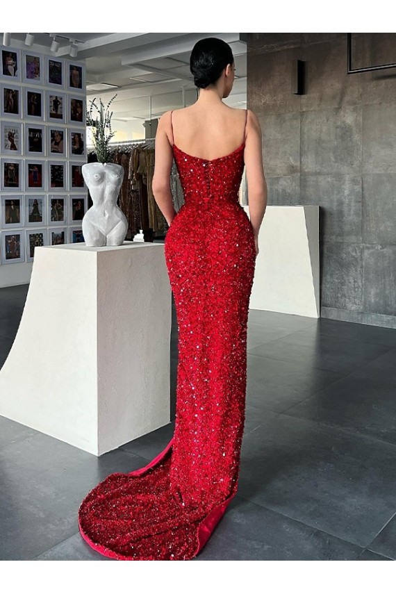 Cheap V-Neck Sleeveless Long Sweep Train Velvet Sequin Prom Dress with High Side Slit