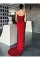 Cheap V-Neck Sleeveless Long Sweep Train Velvet Sequin Prom Dress with High Side Slit