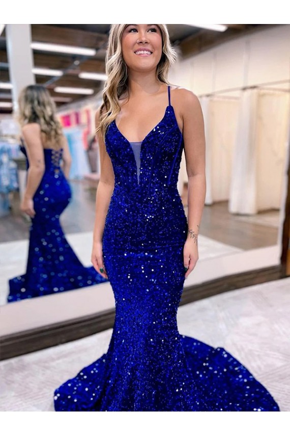 Cheap Mermaid V-Neck Sleeveless Long Court Train Velvet Sequin Prom Dress