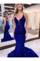 Cheap Mermaid V-Neck Sleeveless Long Court Train Velvet Sequin Prom Dress