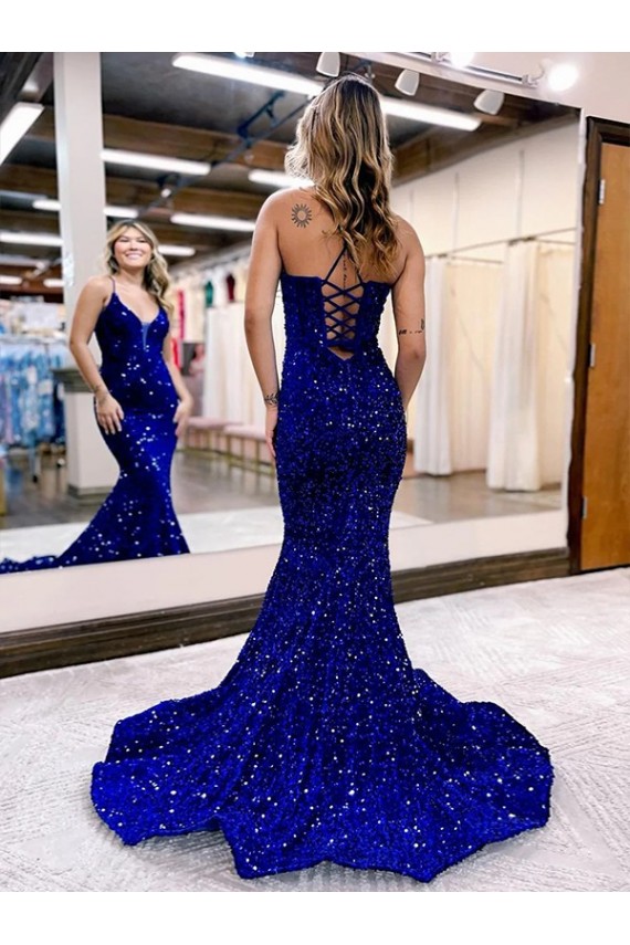 Cheap Mermaid V-Neck Sleeveless Long Court Train Velvet Sequin Prom Dress