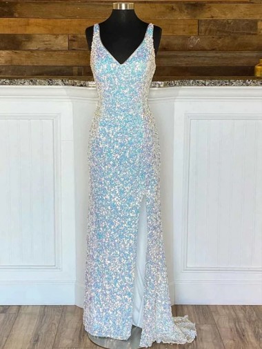 Cheap V-Neck Sleeveless Long Sweep Train Velvet Sequin Prom Dress