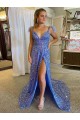 Cheap A-Line V-Neck Sleeveless Long Court Train Velvet Sequin Prom Dress with High Slit