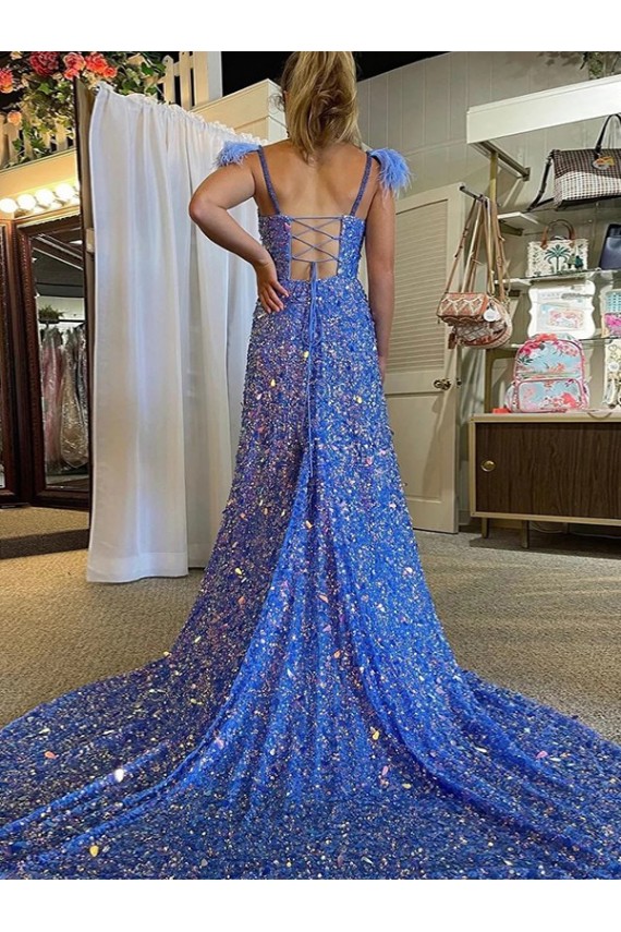 Cheap A-Line V-Neck Sleeveless Long Court Train Velvet Sequin Prom Dress with High Slit