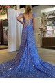 Cheap A-Line V-Neck Sleeveless Long Court Train Velvet Sequin Prom Dress with High Slit