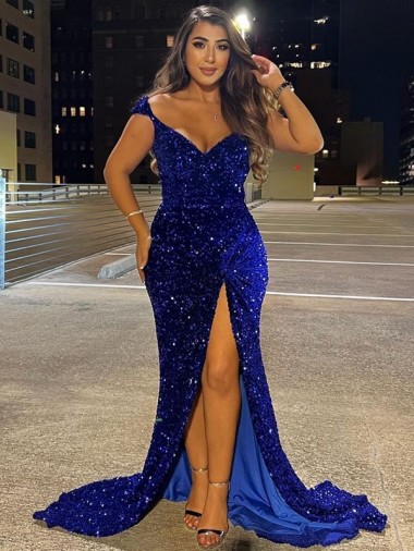 Cheap V-Neck Sleeveless Long Sweep Train Velvet Sequin Prom Dress with Slit