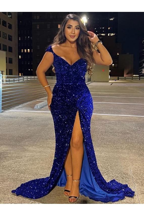 Cheap V-Neck Sleeveless Long Sweep Train Velvet Sequin Prom Dress with Slit