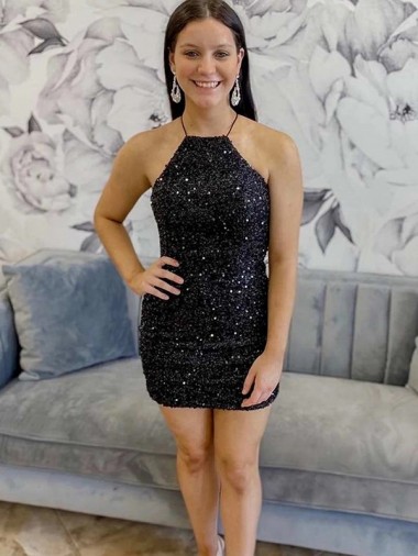 Cheap Halter Sleeveless Short Velvet Sequin Prom Dress