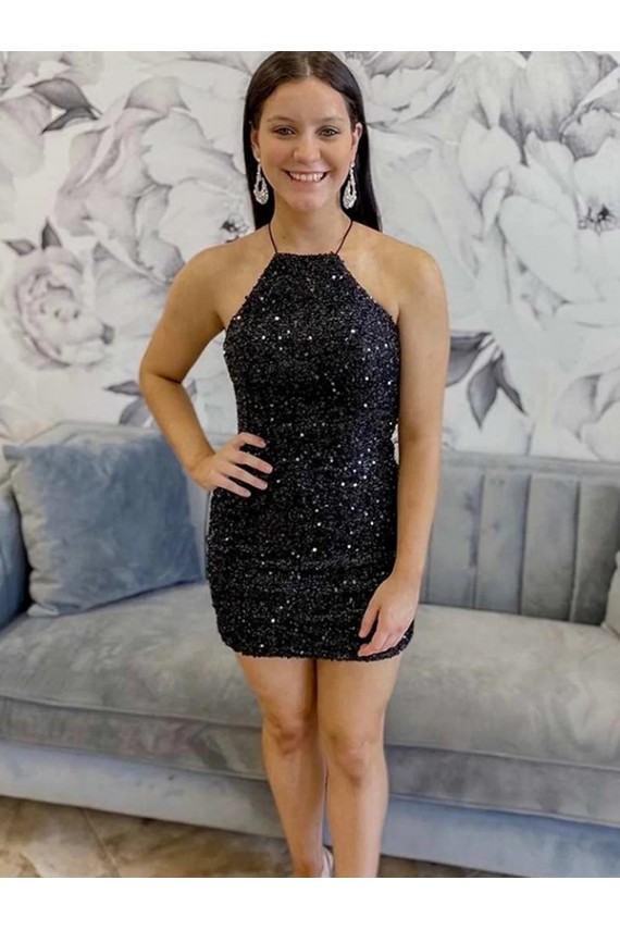 Cheap Halter Sleeveless Short Velvet Sequin Prom Dress