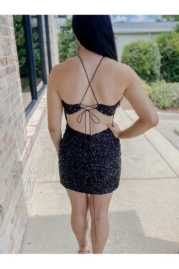 Cheap Halter Sleeveless Short Velvet Sequin Prom Dress
