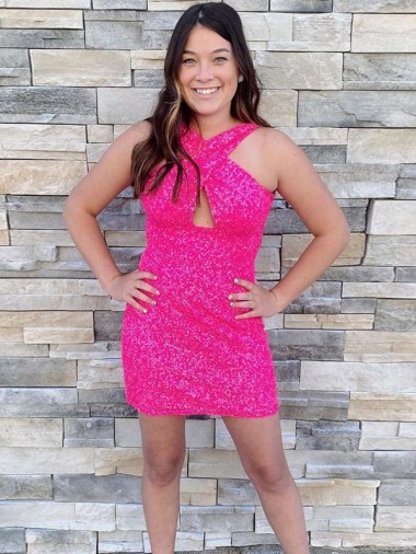 Cheap Halter Sleeveless Short Velvet Sequin Cocktail Prom Dress