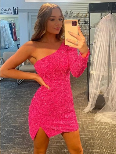 Cheap Short Velvet Sequin One Shoulder Long Sleeves Prom Dress