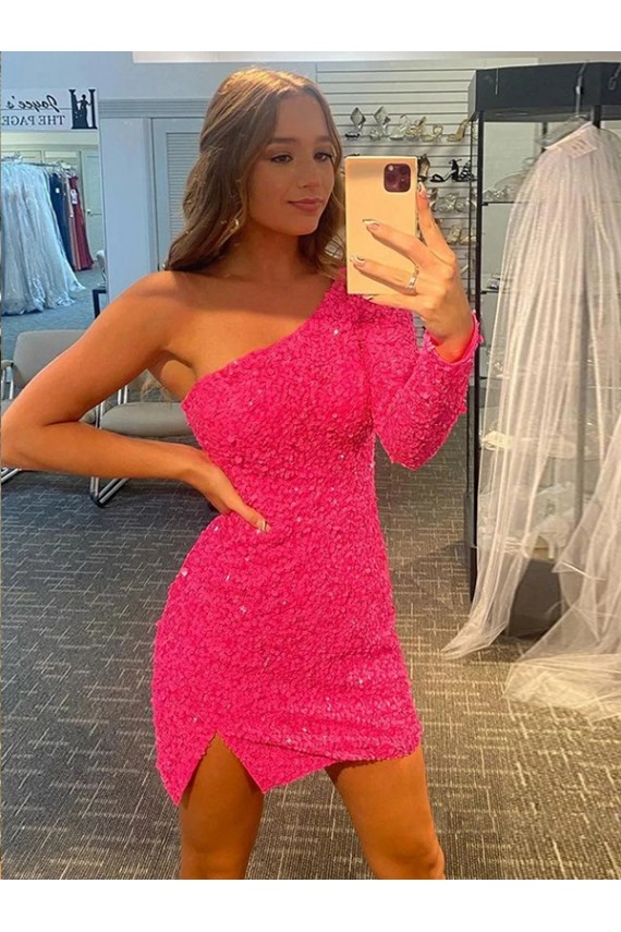 Cheap Short Velvet Sequin One Shoulder Long Sleeves Prom Dress