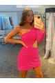 Cheap One Shoulder Long Sleeves Short Velvet Sequin Prom Dress
