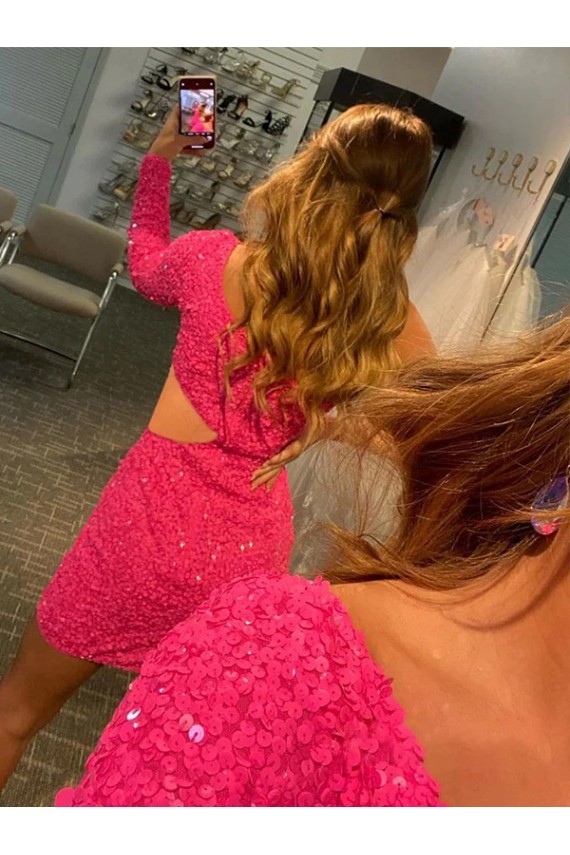 Cheap One Shoulder Long Sleeves Short Velvet Sequin Prom Dress