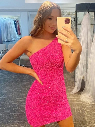 Cheap Short One Shoulder Sleeveless Velvet Sequin Prom Dress