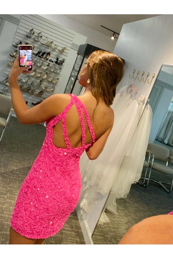 Cheap Short One Shoulder Sleeveless Velvet Sequin Prom Dress
