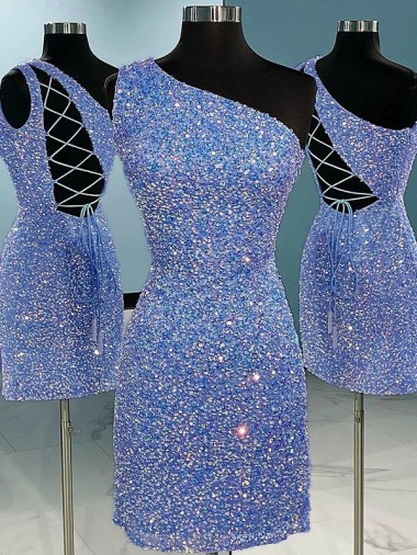 Cheap Short Velvet Sequin One Shoulder Sleeveless Prom Dress