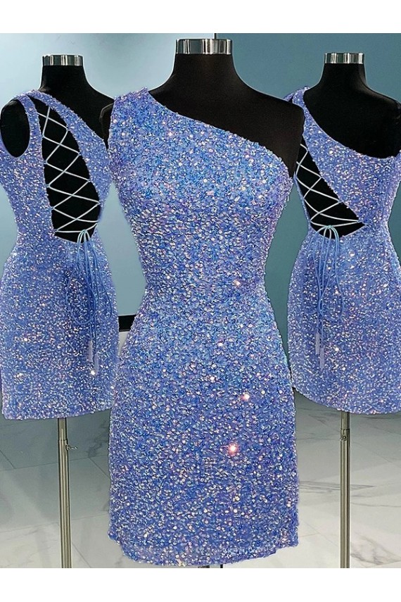 Cheap Short Velvet Sequin One Shoulder Sleeveless Prom Dress
