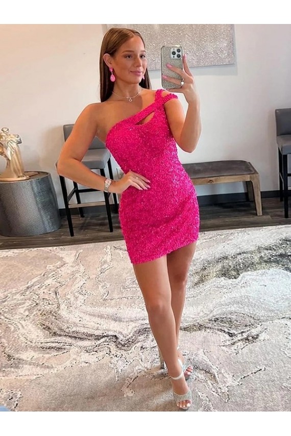 Cheap Velvet Sequin One Shoulder Sleeveless Short Prom Dress