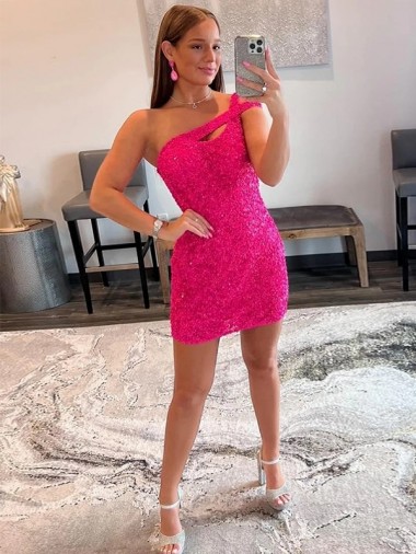 Cheap Velvet Sequin One Shoulder Sleeveless Short Prom Dress