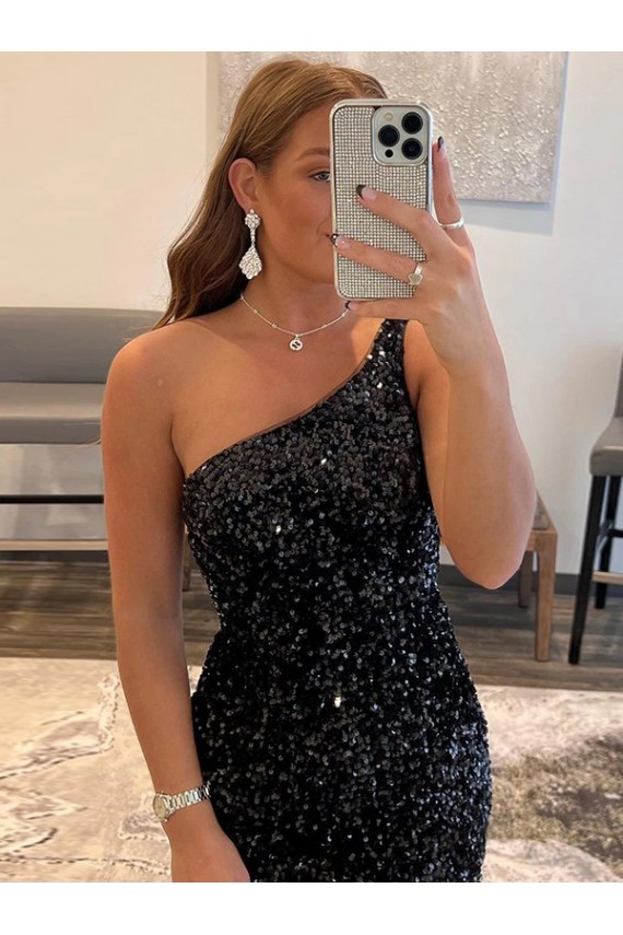 Cheap One Shoulder Sleeveless Short Velvet Sequin Prom Dress