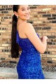 Cheap One Shoulder Sleeveless Short Velvet Sequin Royal Blue Prom Dress
