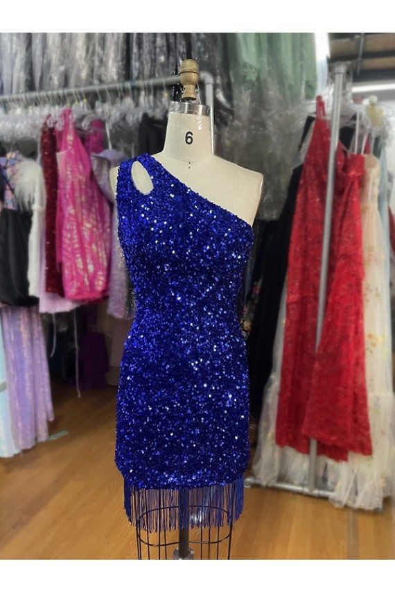 Cheap One Shoulder Keyhole Sleeveless Short Velvet Sequin Prom Dress