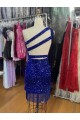 Cheap One Shoulder Keyhole Sleeveless Short Velvet Sequin Prom Dress