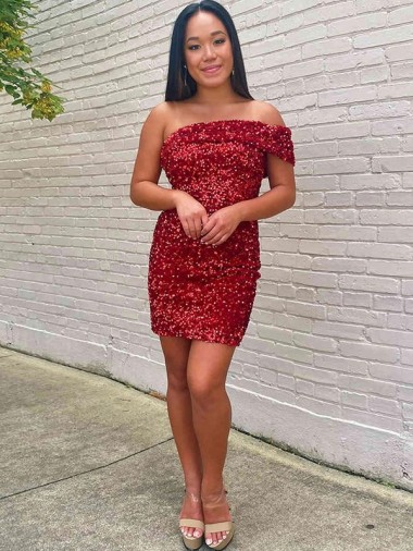 Cheap Short One Shoulder Sleeveless Velvet Sequin Cocktail Prom Dress