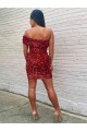 Cheap Short One Shoulder Sleeveless Velvet Sequin Cocktail Prom Dress