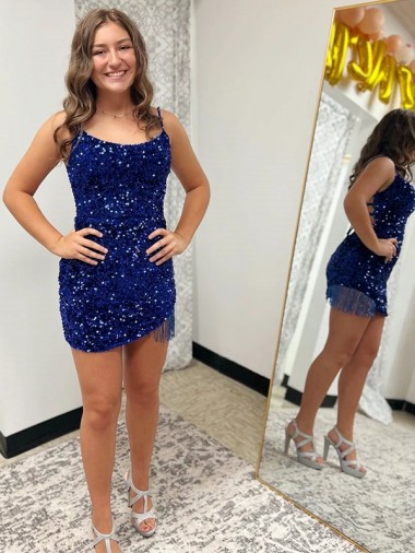 Cheap Spaghetti Straps Backless Sleeveless Short Velvet Sequin Prom Dress