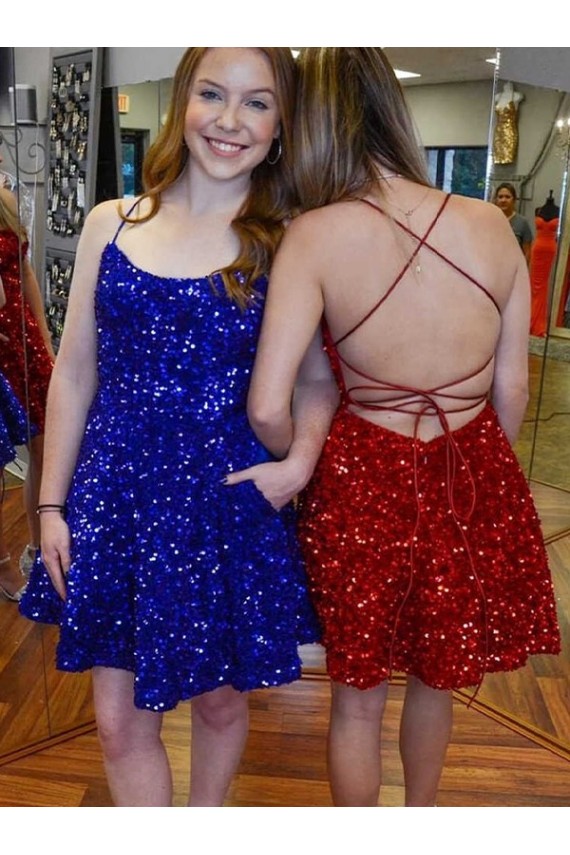 Cheap A-Line Spaghetti Straps Sleeveless Short Velvet Sequin Prom Dress