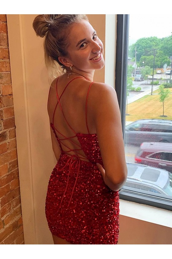 Cheap V-Neck Sleeveless Short Velvet Sequins Prom Dress