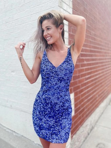 Cheap Short Velvet Sequin V-Neck Sleeveless Prom Dress