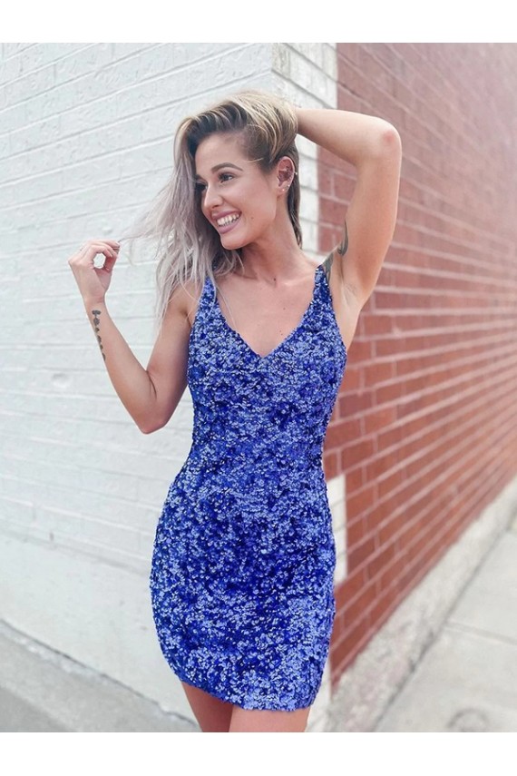 Cheap Short Velvet Sequin V-Neck Sleeveless Prom Dress