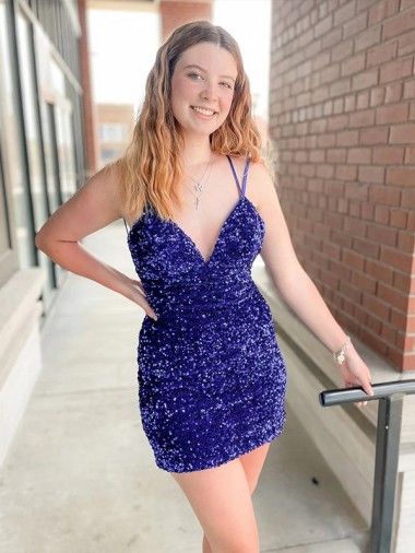 Cheap Sleeveless Short Velvet Sequin V-Neck Prom Dress
