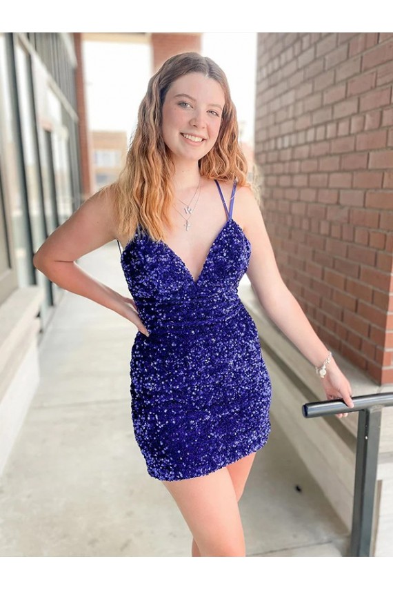 Cheap Sleeveless Short Velvet Sequin V-Neck Prom Dress