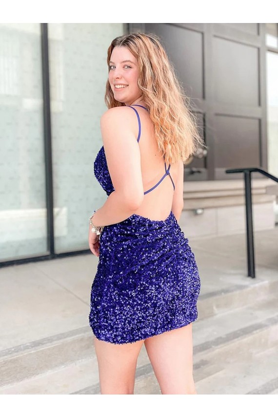 Cheap Sleeveless Short Velvet Sequin V-Neck Prom Dress
