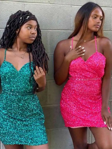Cheap V-Neck Sleeveless Short Velvet Sequin Cocktail Dress
