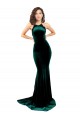 Cheap High Neck Stretch Velvet Prom Dress with Black Lace Embroidery