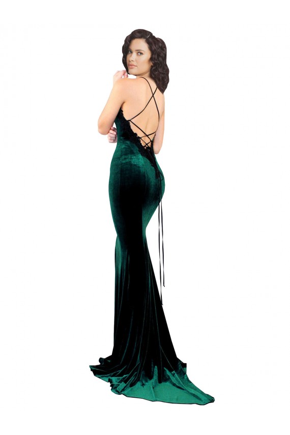 Cheap High Neck Stretch Velvet Prom Dress with Black Lace Embroidery